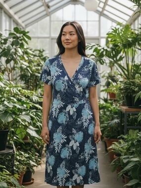 L.L. Bean Navy Midi Dress with Light Blue Botanical Print
